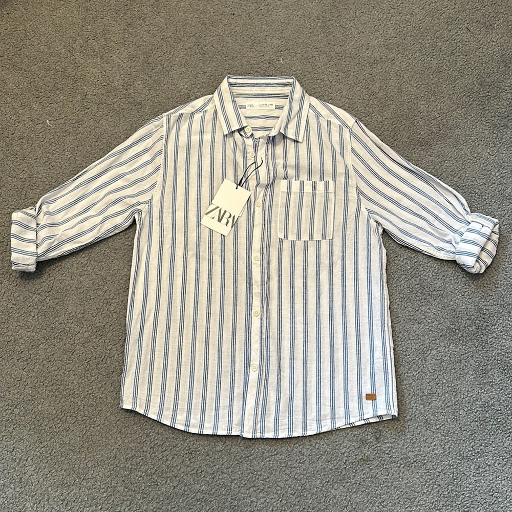 Zara Boys Linen Blend Striped Long-sleeve Shirt